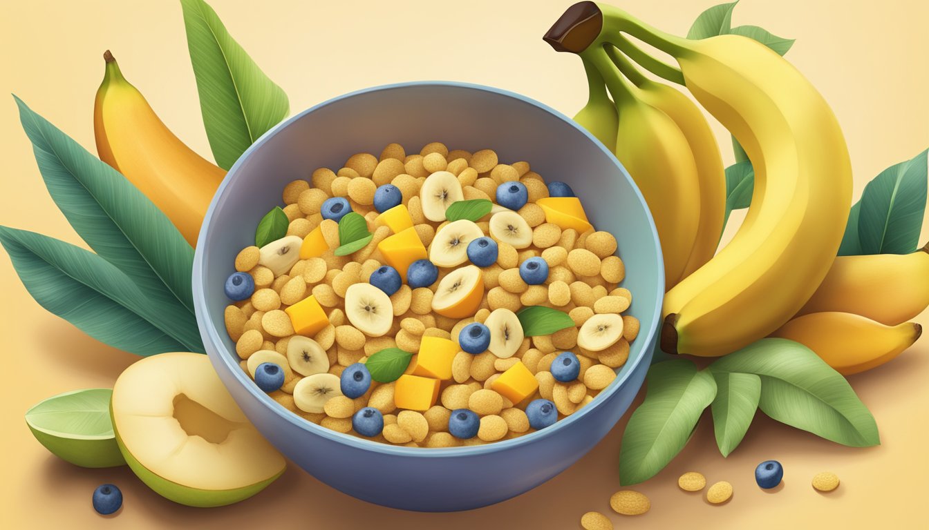 A colorful bowl of plant-based cereal surrounded by fresh bananas and mangoes