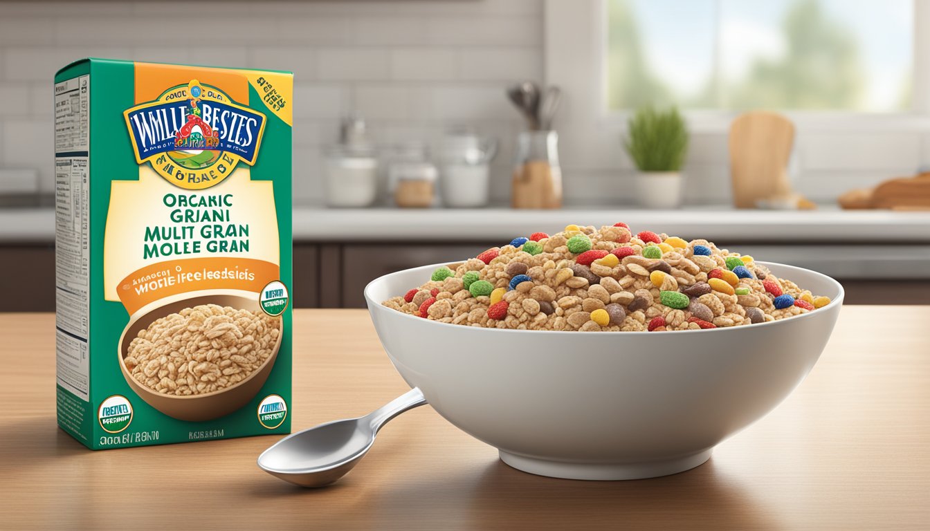 A bowl of Earth's Best Organic Whole Grain Multi-Grain Cereal sits on a kitchen counter next to a spoon and a container of milk