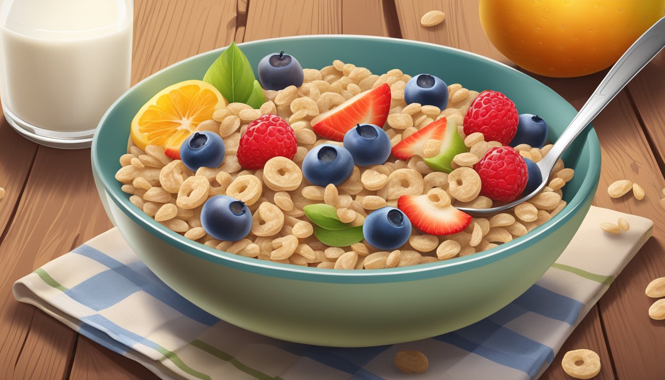 A bowl of Earth's Best Organic Whole Grain Multi Grain Cereal with a spoon beside it, surrounded by fresh fruits and a glass of milk on a wooden table