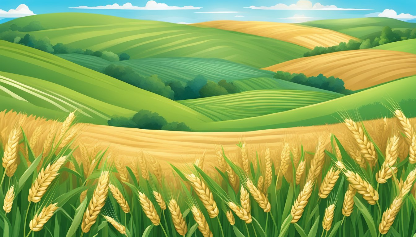 A lush green field with golden wheat stalks and a clear blue sky, with a prominent earths best organic whole grain multi grain cereal box displayed in the center