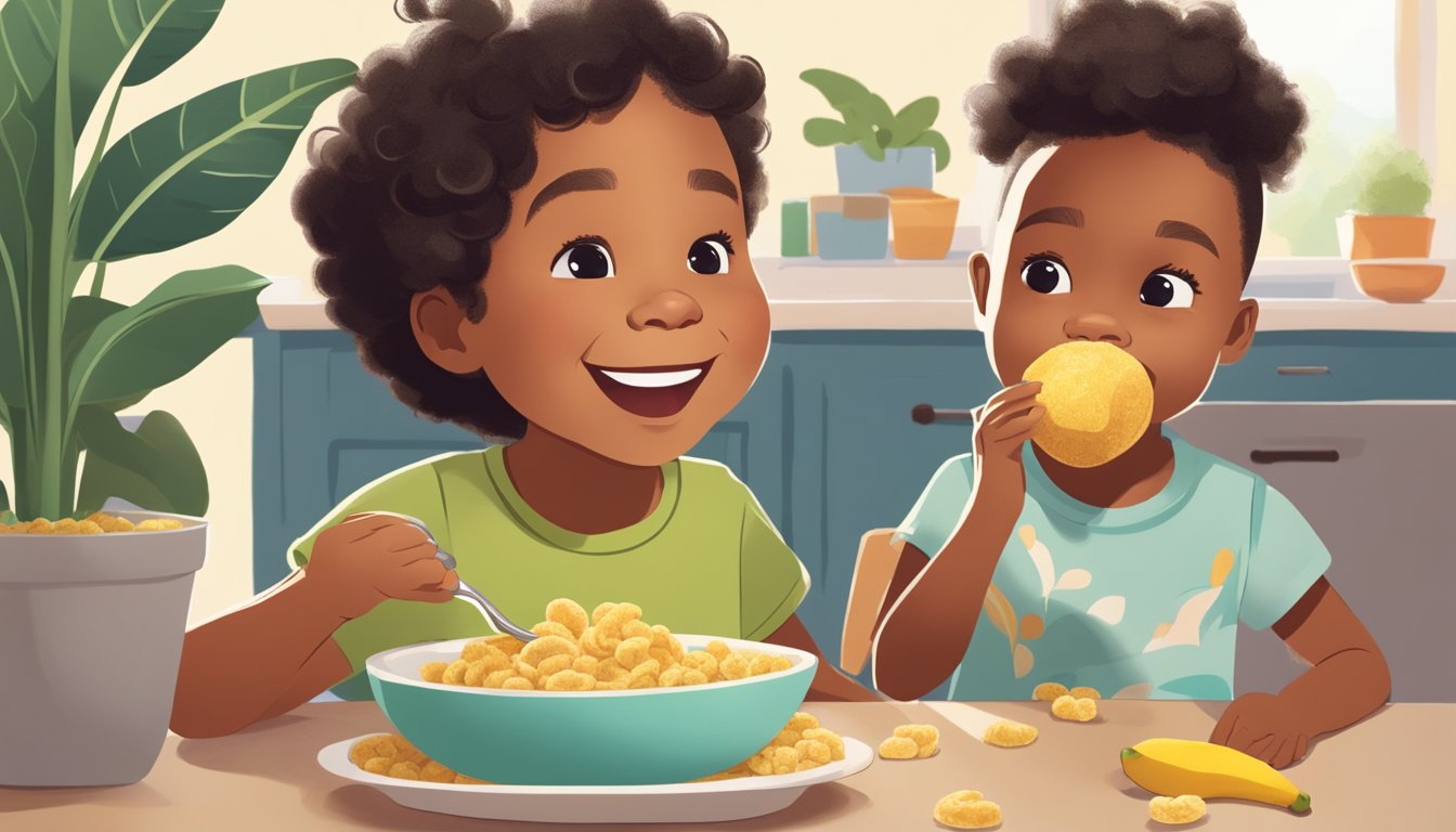 A toddler happily eats a bowl of plant-based cereal with a banana-mango blend, while a concerned parent looks on