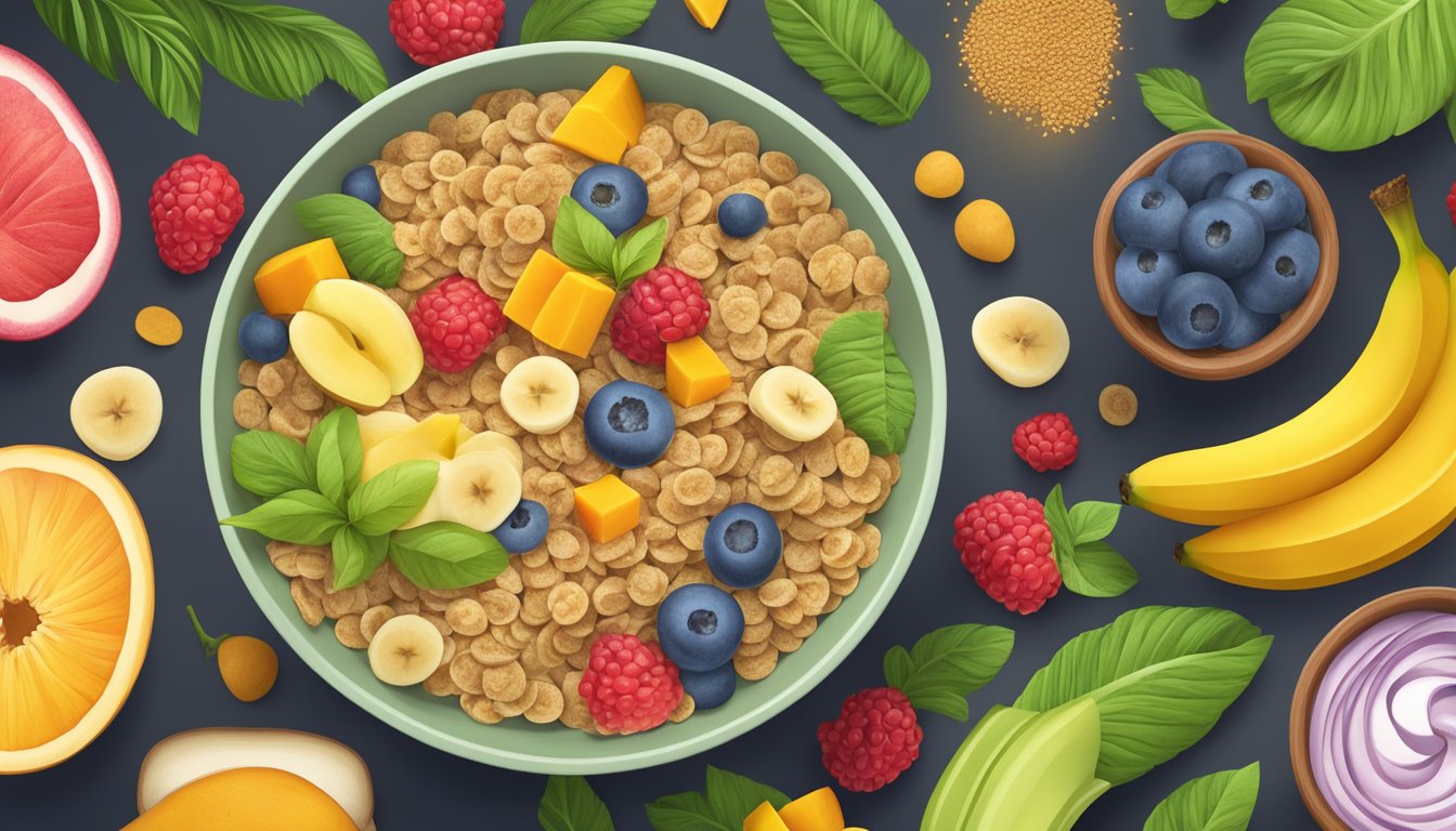 A colorful bowl of plant-based cereal with a banana-mango blend, surrounded by fresh fruits and vegetables