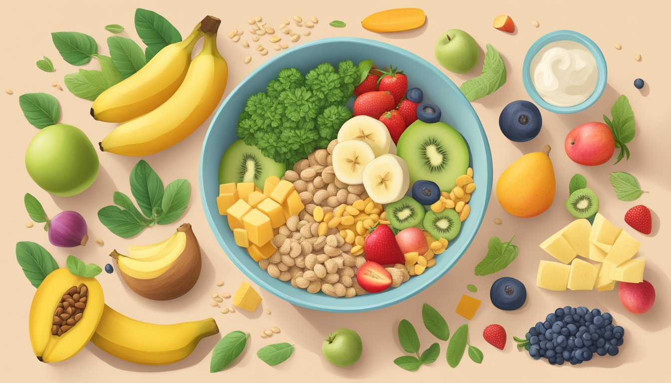 A colorful bowl of plant-based cereal with banana and mango, surrounded by various fruits and vegetables, with a list of dietary restrictions and allergies written nearby