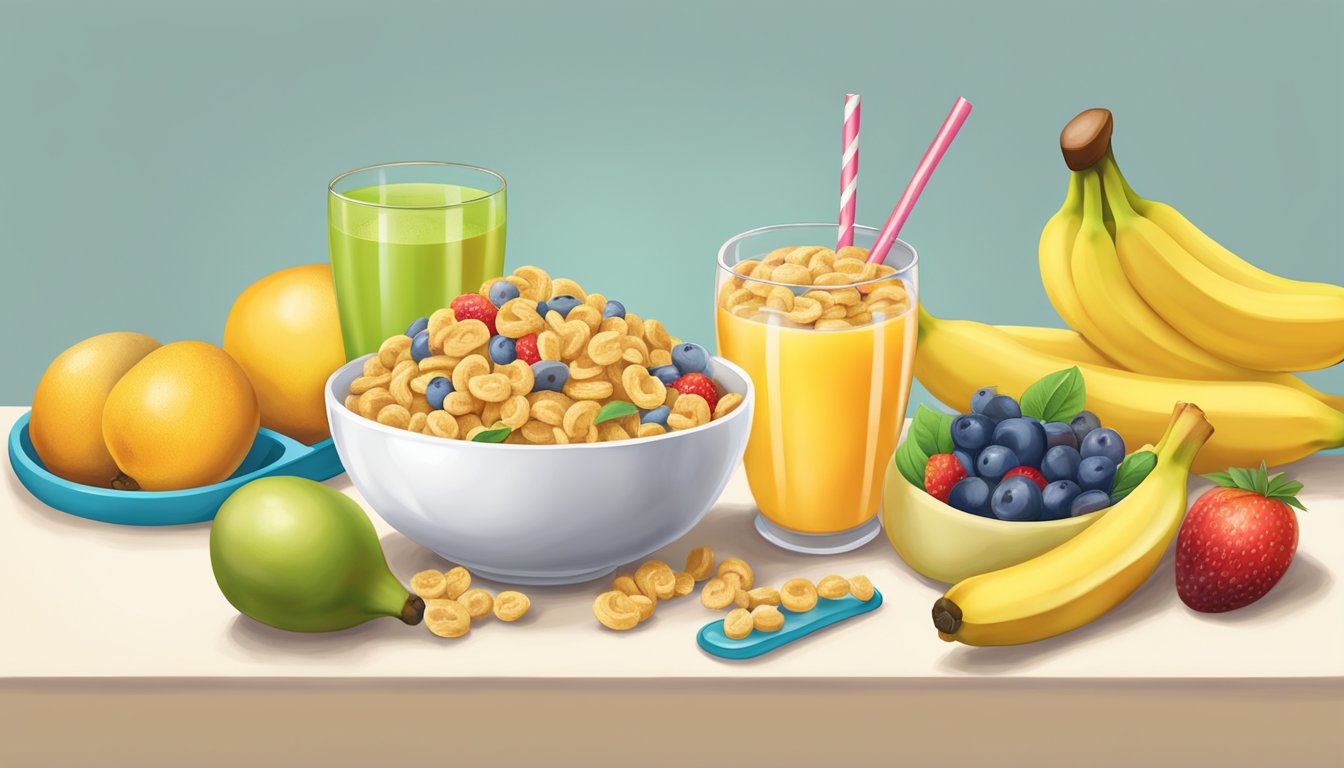 A colorful bowl of banana mango cereal sits on a high chair tray, surrounded by fresh fruits and a sippy cup