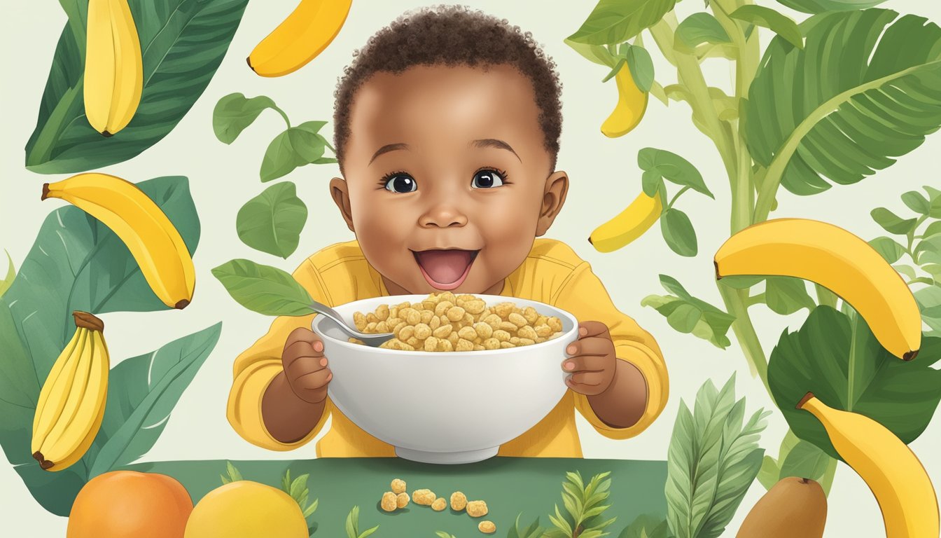 A toddler happily eating a bowl of plant-based banana mango cereal, surrounded by images of sustainability and ethical practices