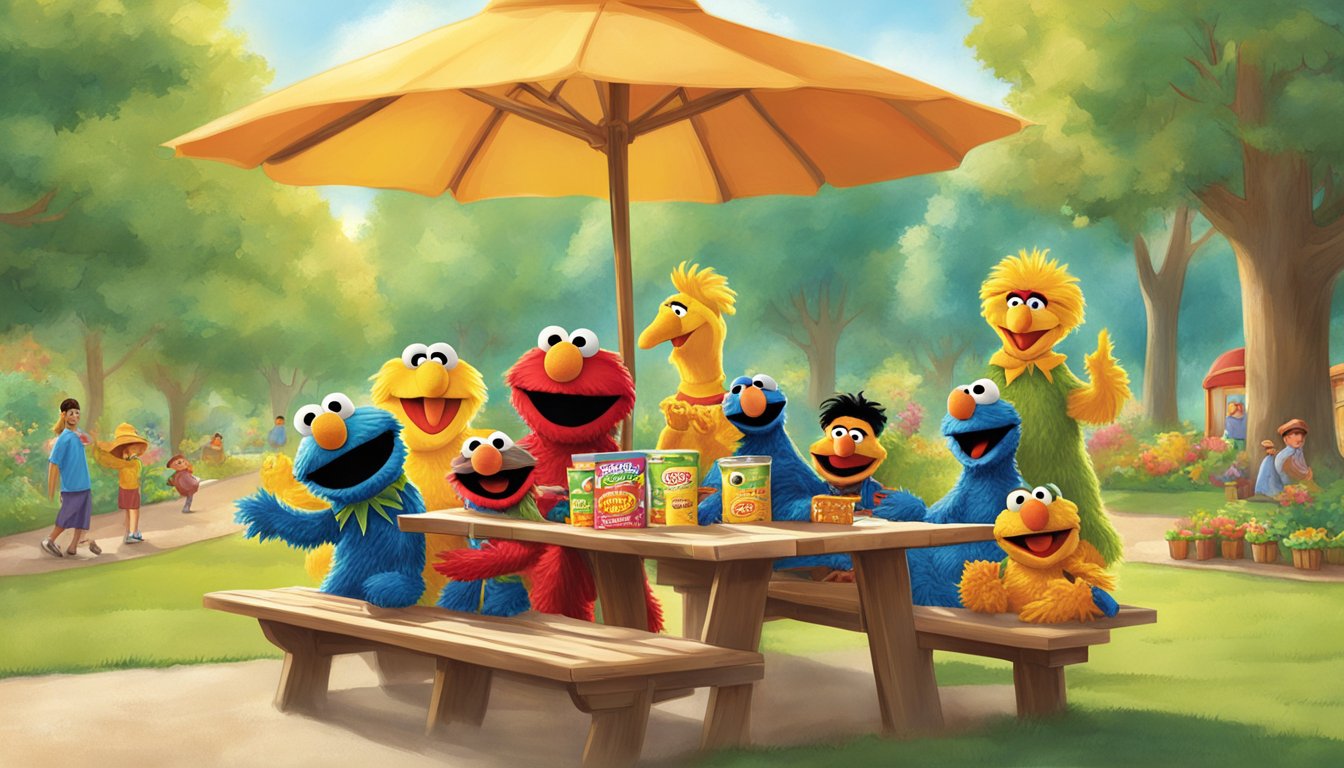 A colorful and playful scene with iconic Sesame Street characters enjoying Earth's Best Organic Sunny Days Snack Bars in a sunny park setting