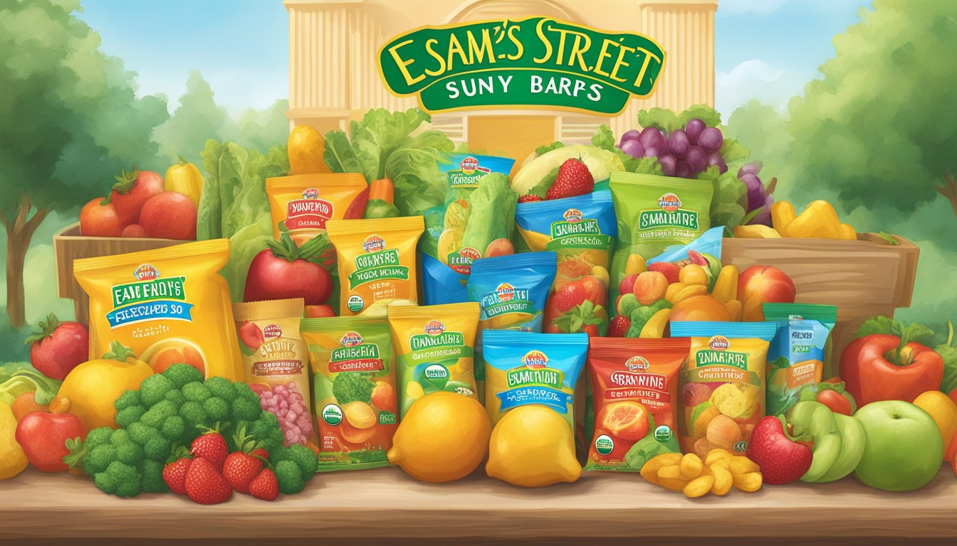 A colorful array of Earth's Best Organic Sesame Street Sunny Days snack bars surrounded by fresh fruits and vegetables