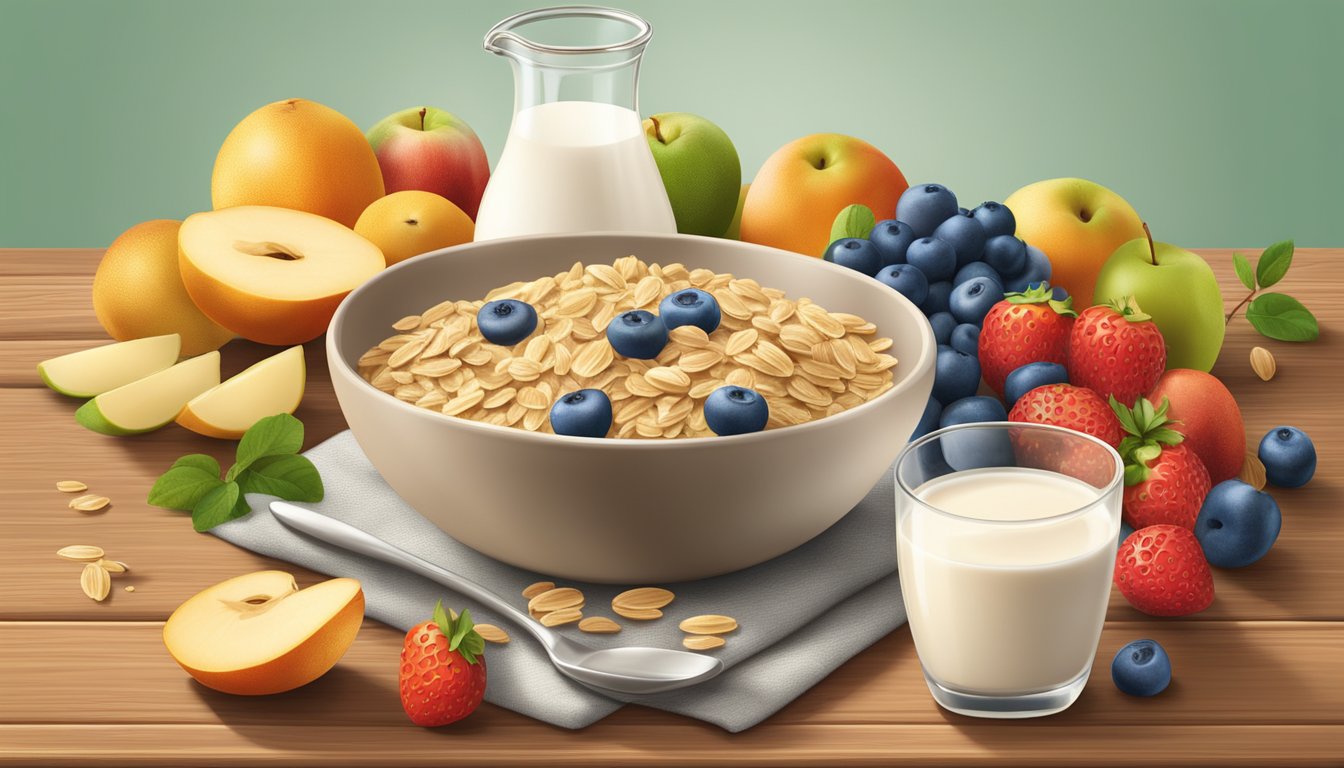 A bowl of Earth's Best organic whole grain oatmeal cereal surrounded by fresh fruits and a glass of milk on a wooden table