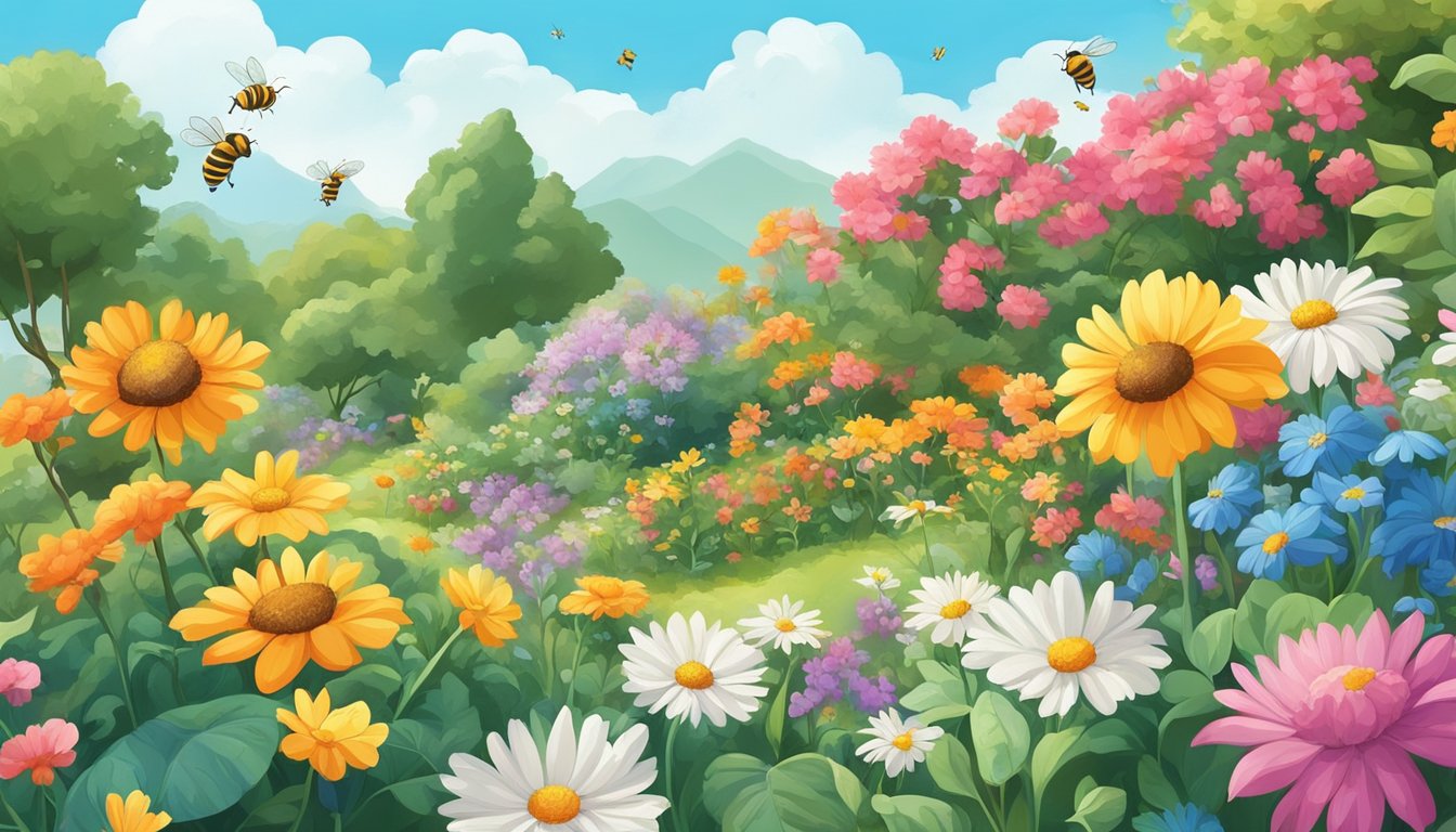 A vibrant, lush garden with colorful flowers and buzzing bees. A clear blue sky above with fluffy white clouds. A variety of wildlife, such as birds and butterflies, enjoying the sunny day