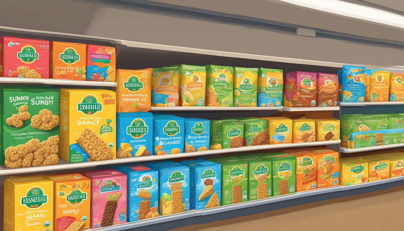 A colorful display of Earth's Best Organic Sesame Street Sunny Days snack bars on a shelf in a grocery store