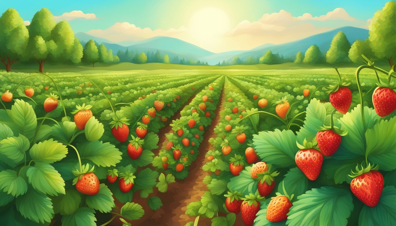 A vibrant strawberry field under a sunny sky, with ripe berries and green leaves, surrounded by a wholesome and organic atmosphere