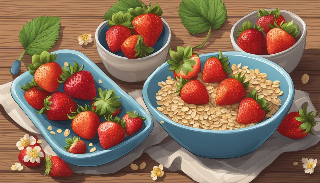 A colorful array of fresh strawberries, oats, and honey arranged on a rustic wooden table