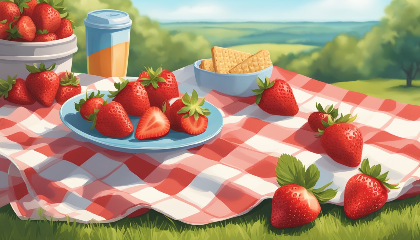 A picnic blanket with scattered Earth's Best Organic Sunny Days Strawberry Snack Bars, surrounded by fresh strawberries and a sunny sky