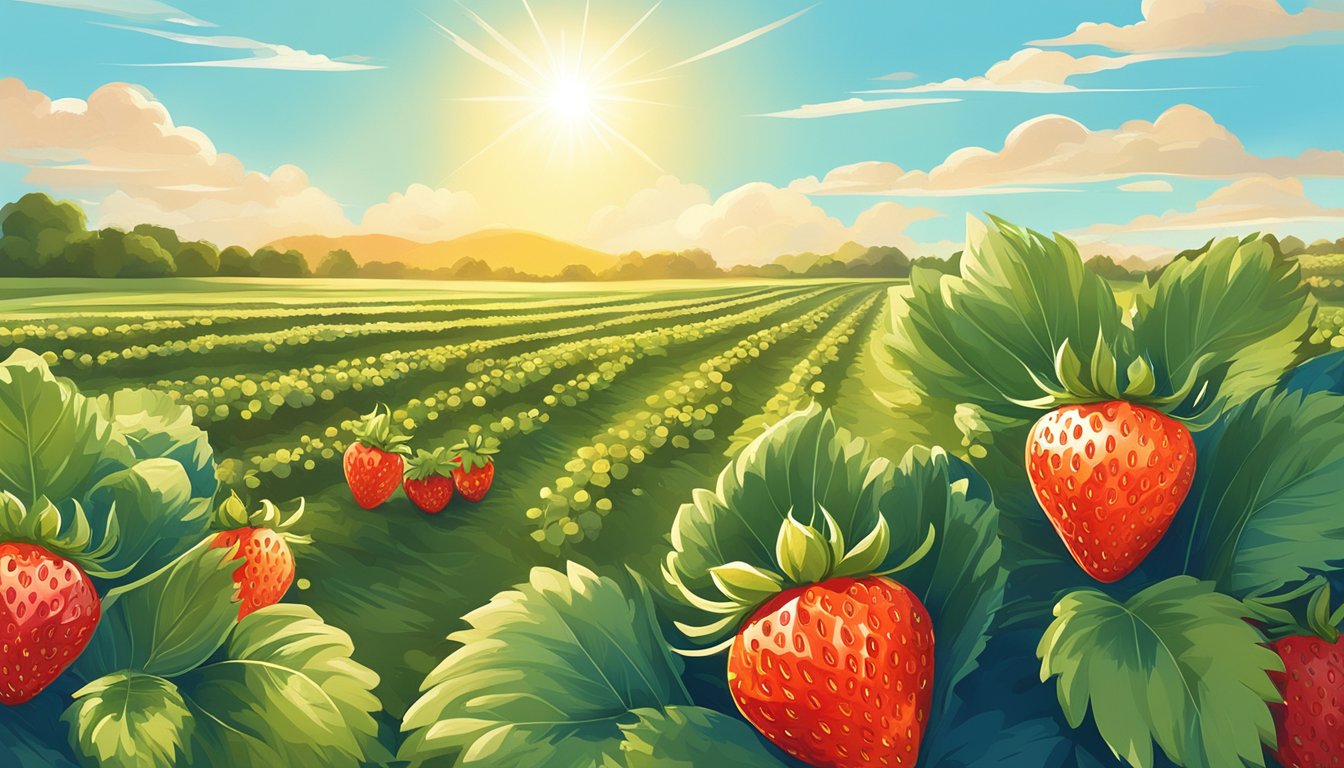 A sunny field with ripe strawberries, a clear blue sky, and a happy sun shining down