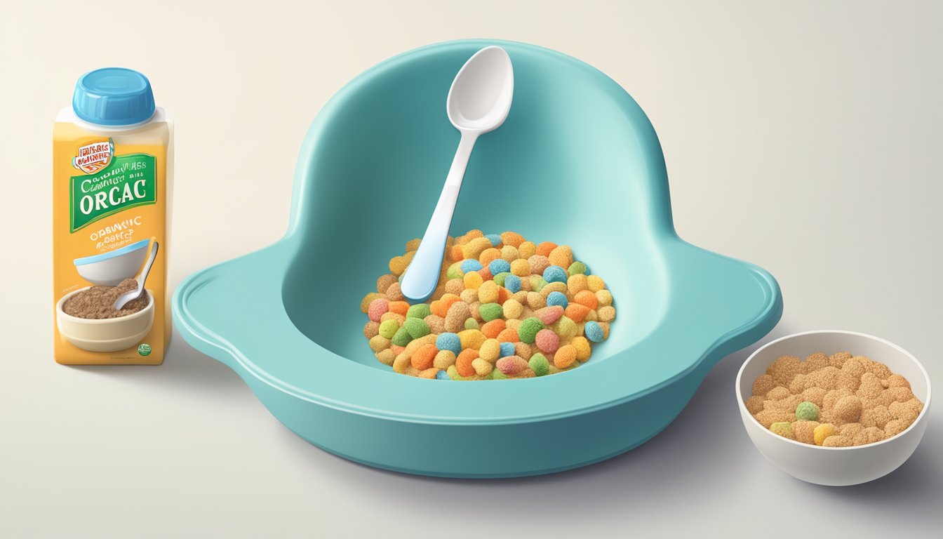 A baby's high chair with a bowl of Earth's Best Organic Infant Cereal on a clean, white tray. A spoon rests beside the bowl