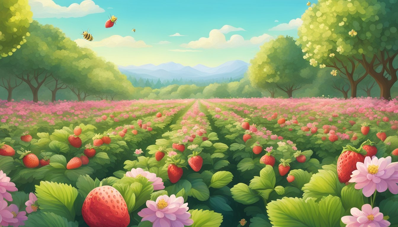 A lush strawberry field with a clear blue sky, surrounded by blooming flowers and buzzing bees