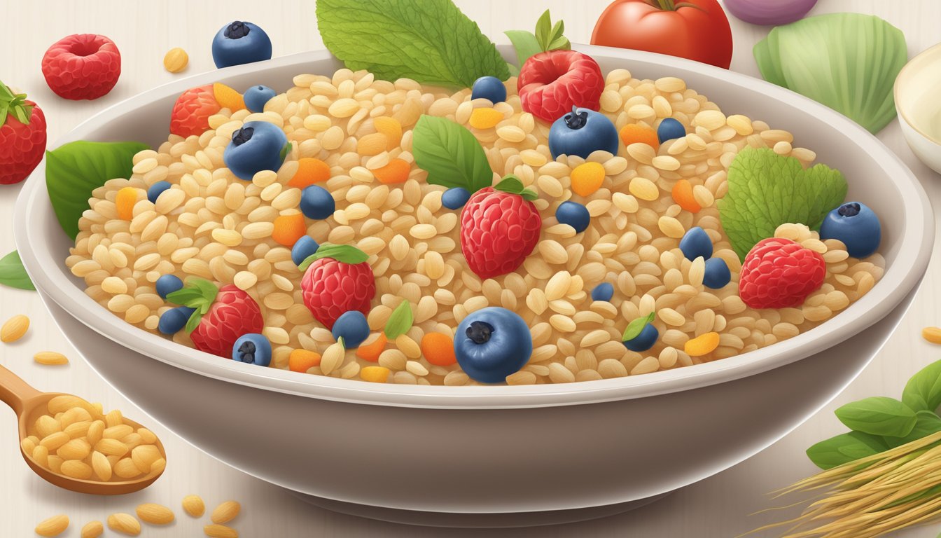 A bowl of Earth's Best organic infant cereal surrounded by whole grain rice and other non-GMO ingredients, symbolizing nourishment and natural goodness