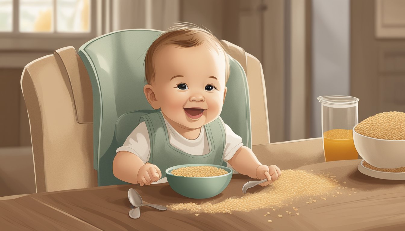 A happy baby sitting in a high chair, surrounded by earthy tones and organic imagery. A bowl of whole grain rice infant cereal is being served, with safety standards and regulations symbolized in the background