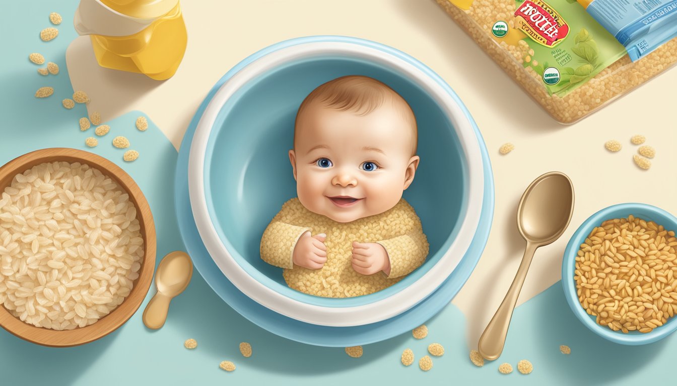 A bowl of Earth's Best organic infant cereal sits on a highchair tray, surrounded by whole grain rice and a spoon