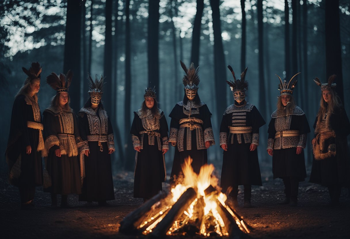 Grupė žmonių susirenka aplink laužą tamsiame miške, dėvėdami sudėtingus kaukes ir kostiumus, o tradiciniai lietuviški simboliai ir dekoracijos puošia aplinkinius medžius.