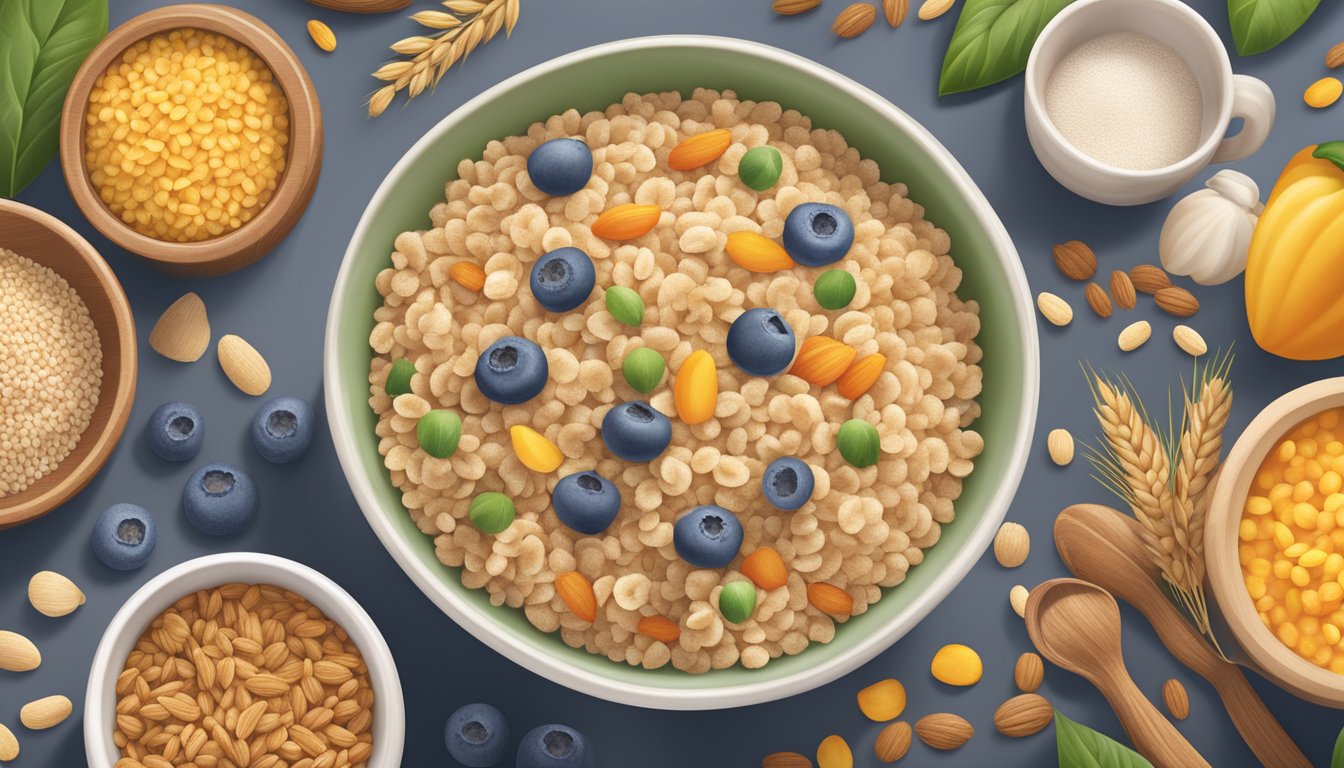 A bowl of Earth's Best organic whole grain infant cereal surrounded by various grains and ingredients, with a focus on the nutritional benefits