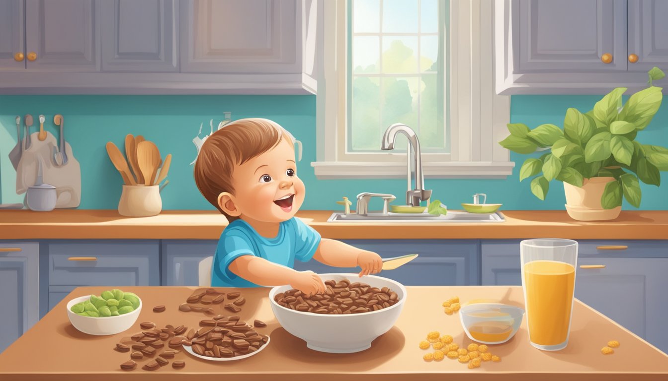 A cheerful toddler sits at a high chair, eagerly reaching for a bowl of plant-based complete nutrition chocolate cereal. A colorful, inviting kitchen background completes the scene