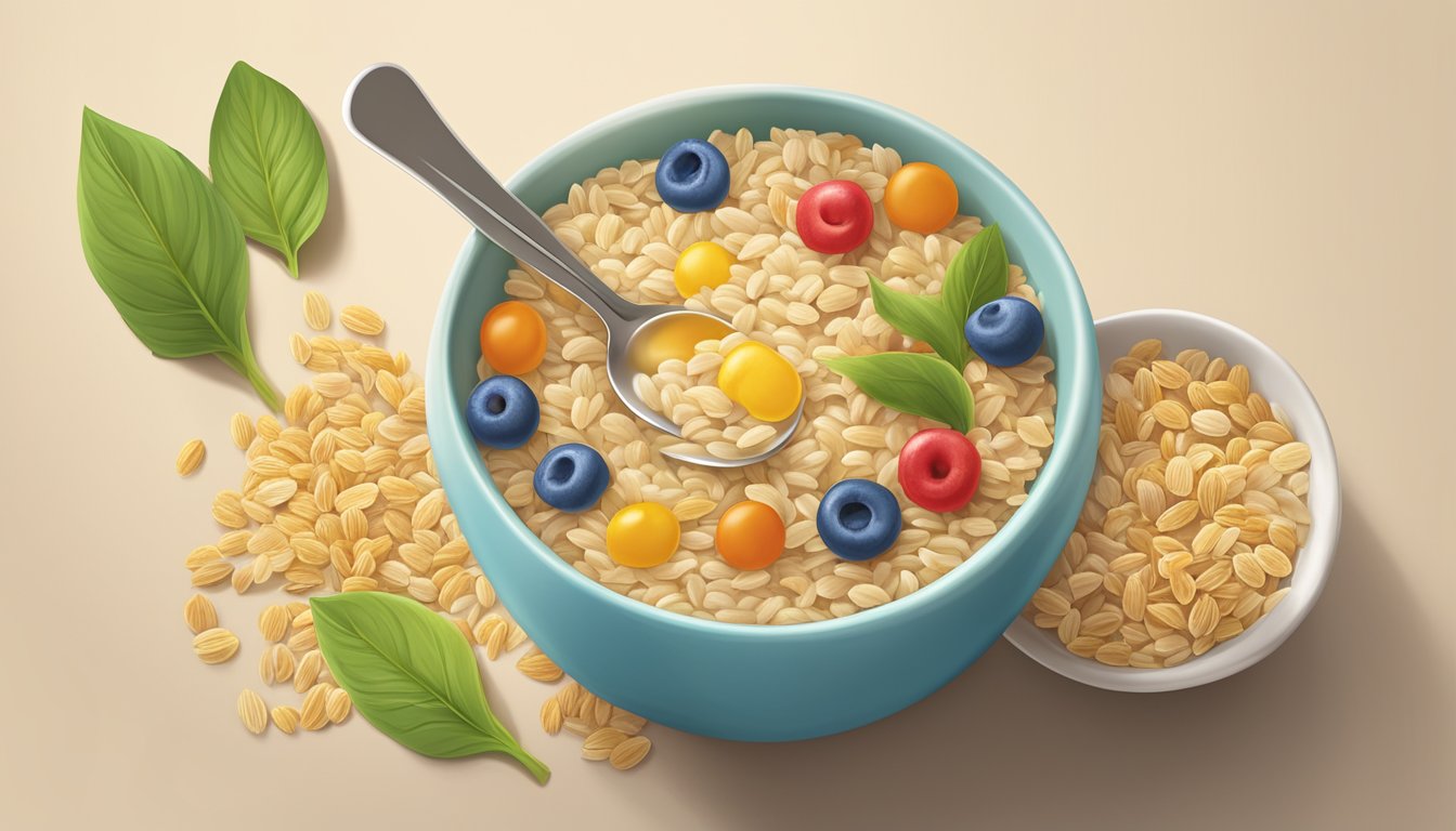 A colorful bowl of Earth's Best organic infant cereal surrounded by whole grain rice and a spoon