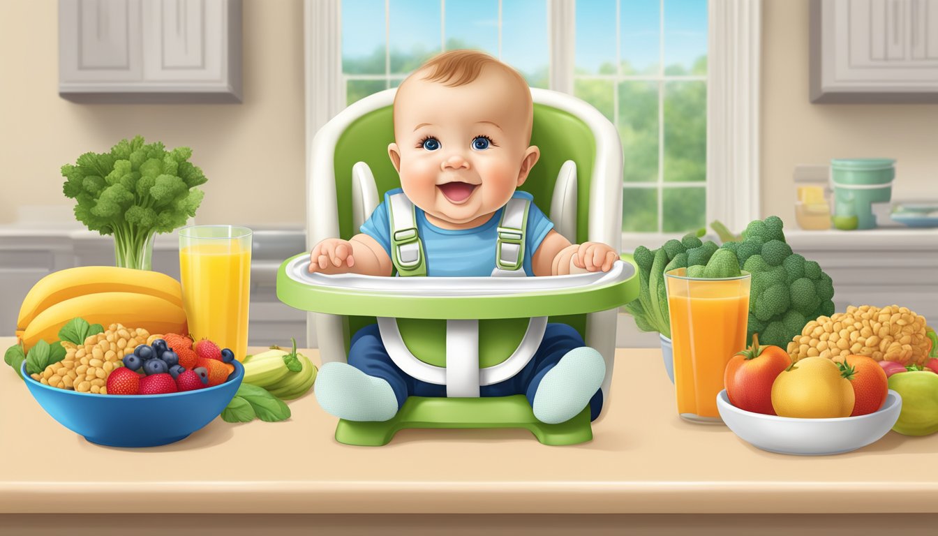 A baby's high chair with a bowl of Earth's Best organic whole grain infant cereal, surrounded by fresh fruits and vegetables