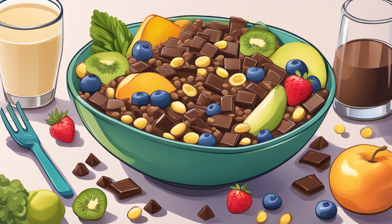 A colorful bowl of plant-based chocolate cereal surrounded by various fruits and vegetables, with a glass of milk on the side