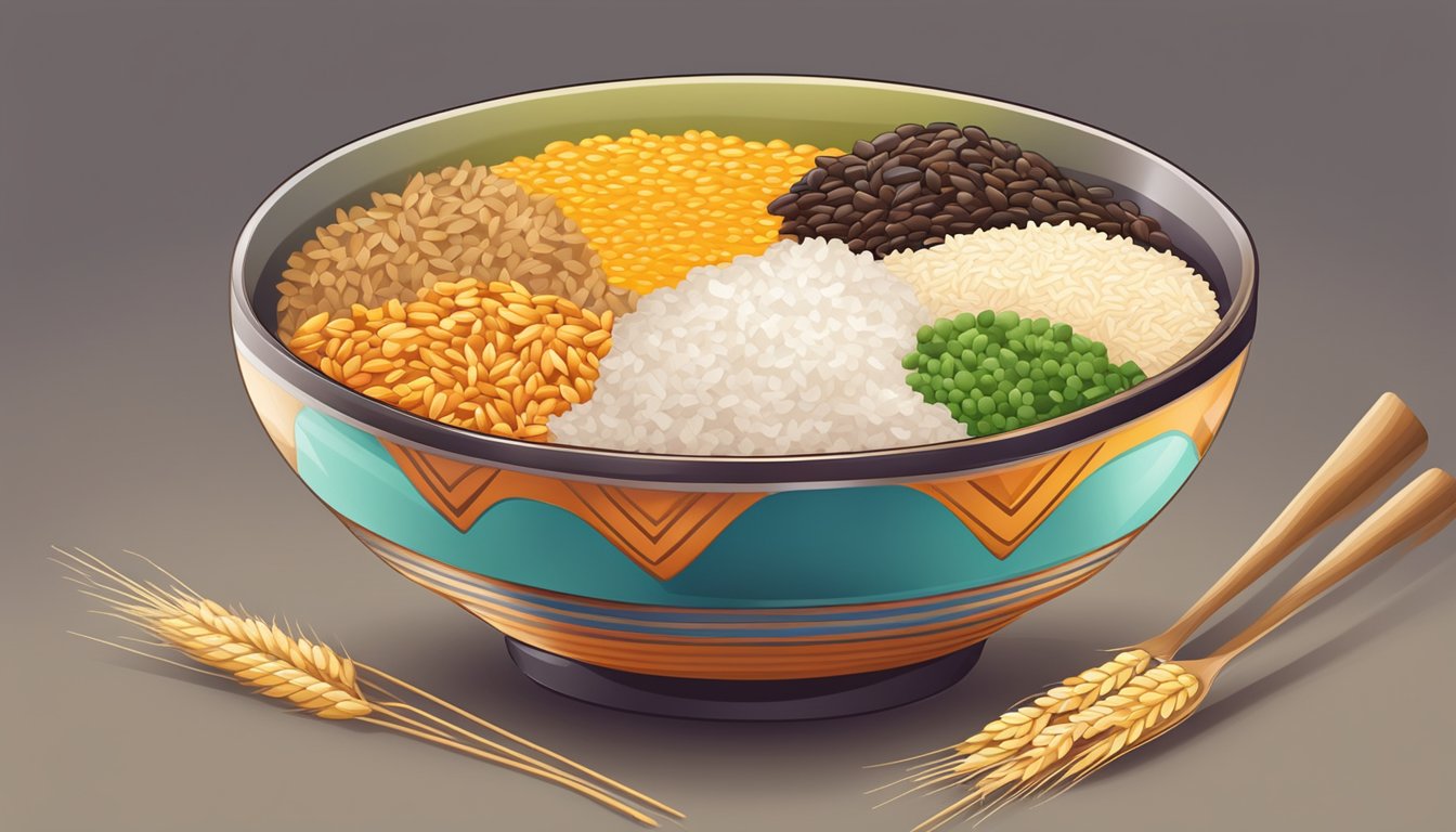 A colorful bowl filled with whole grain rice and various iron-rich foods