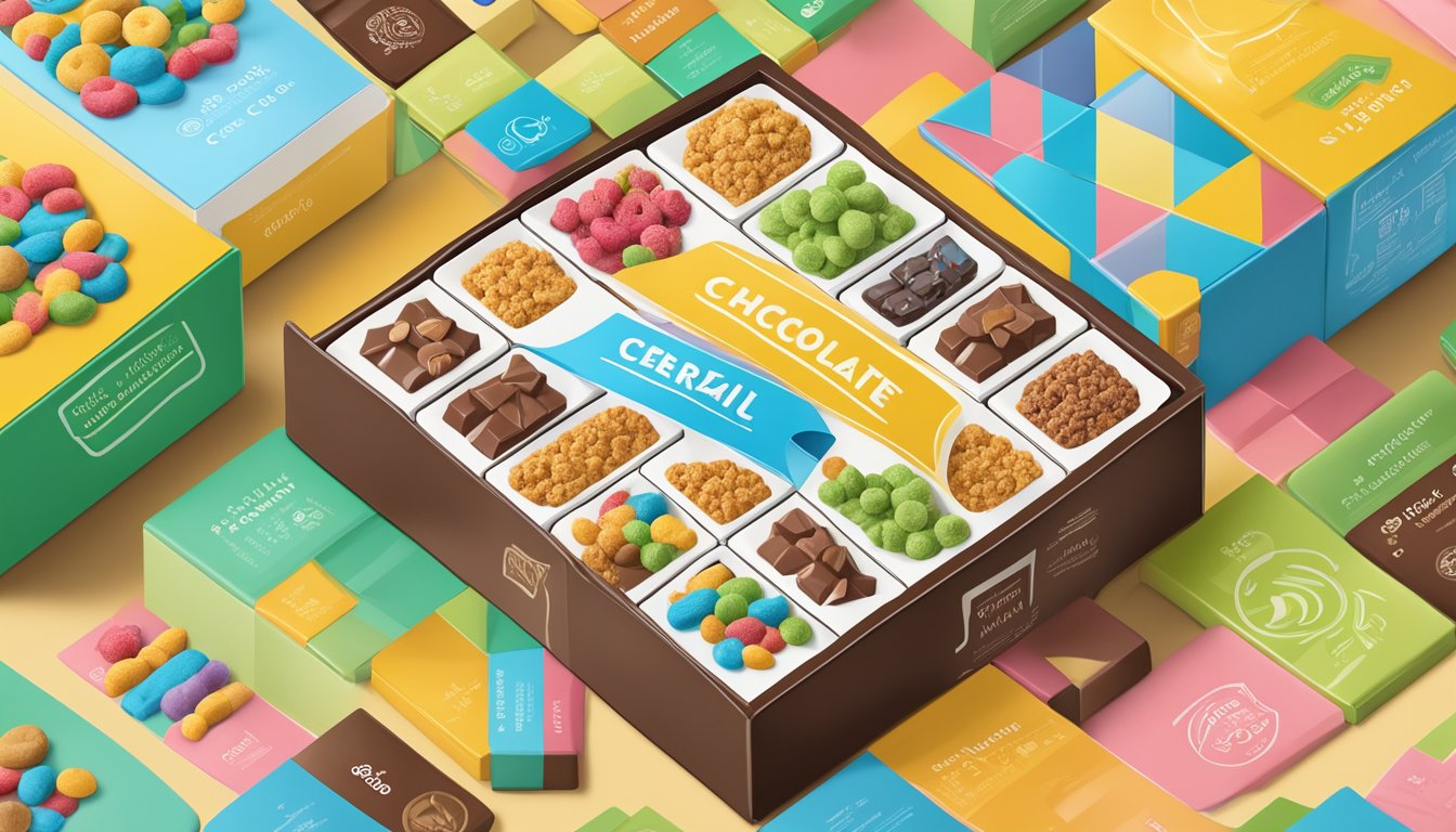 A colorful box of plant-based chocolate cereal surrounded by certification logos and standards symbols