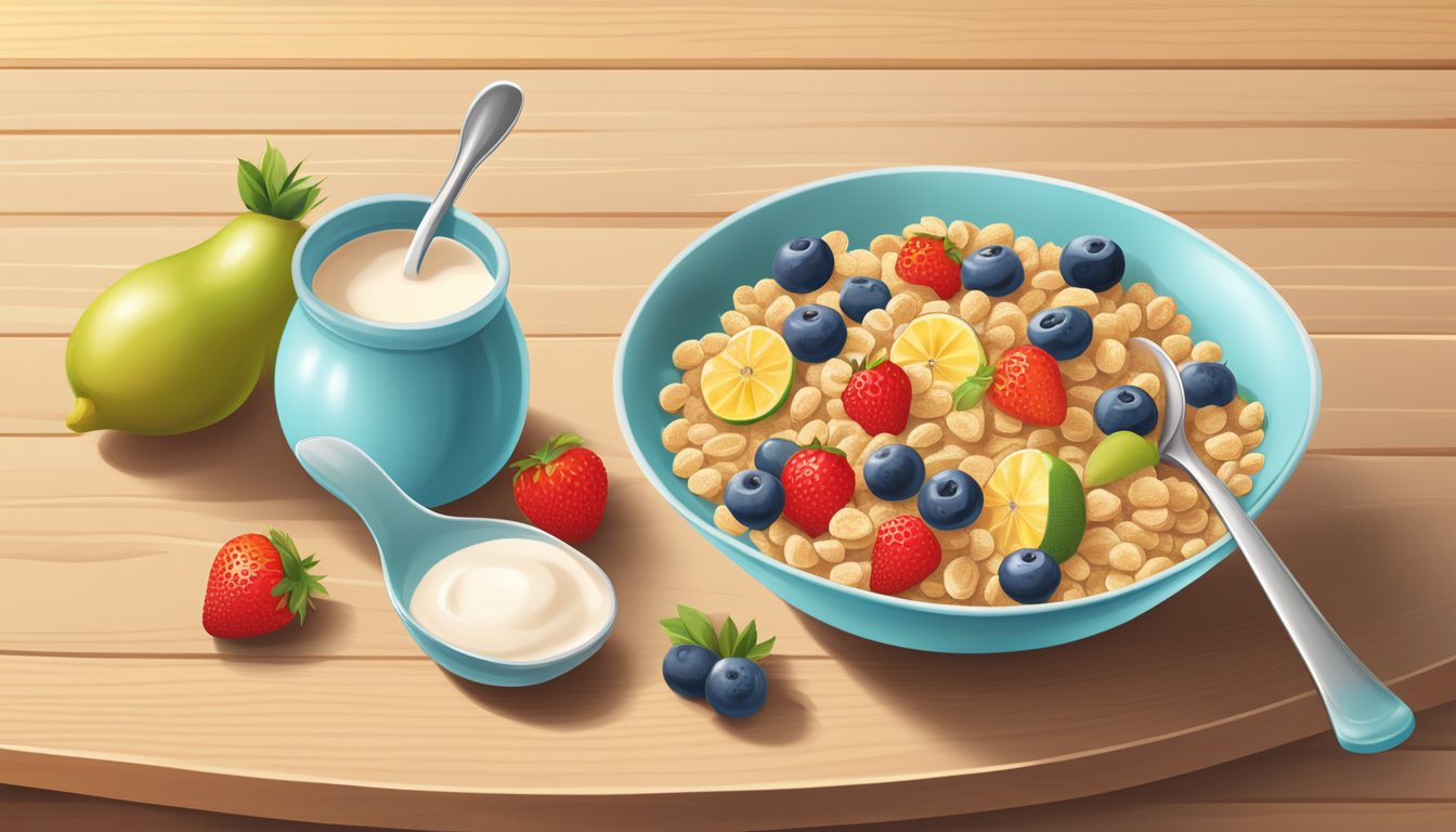 A bowl of Earth's Best organic whole grain infant cereal with a spoon beside it, surrounded by fresh fruits and a jug of milk on a wooden table