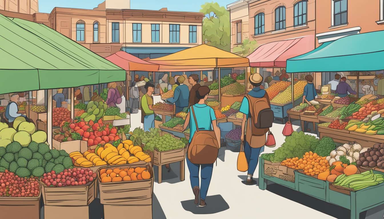 A bustling farmer's market with colorful displays of fresh fruits, vegetables, and grains, alongside a vendor selling plant-based chocolate cereal for toddlers