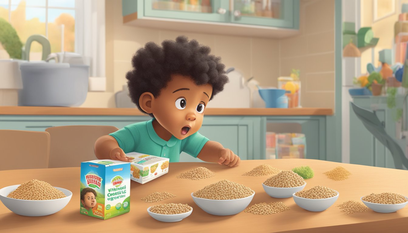 A worried parent looks at a box of Earth's Best organic whole grain infant cereal, with a concerned expression and a hand reaching out towards it