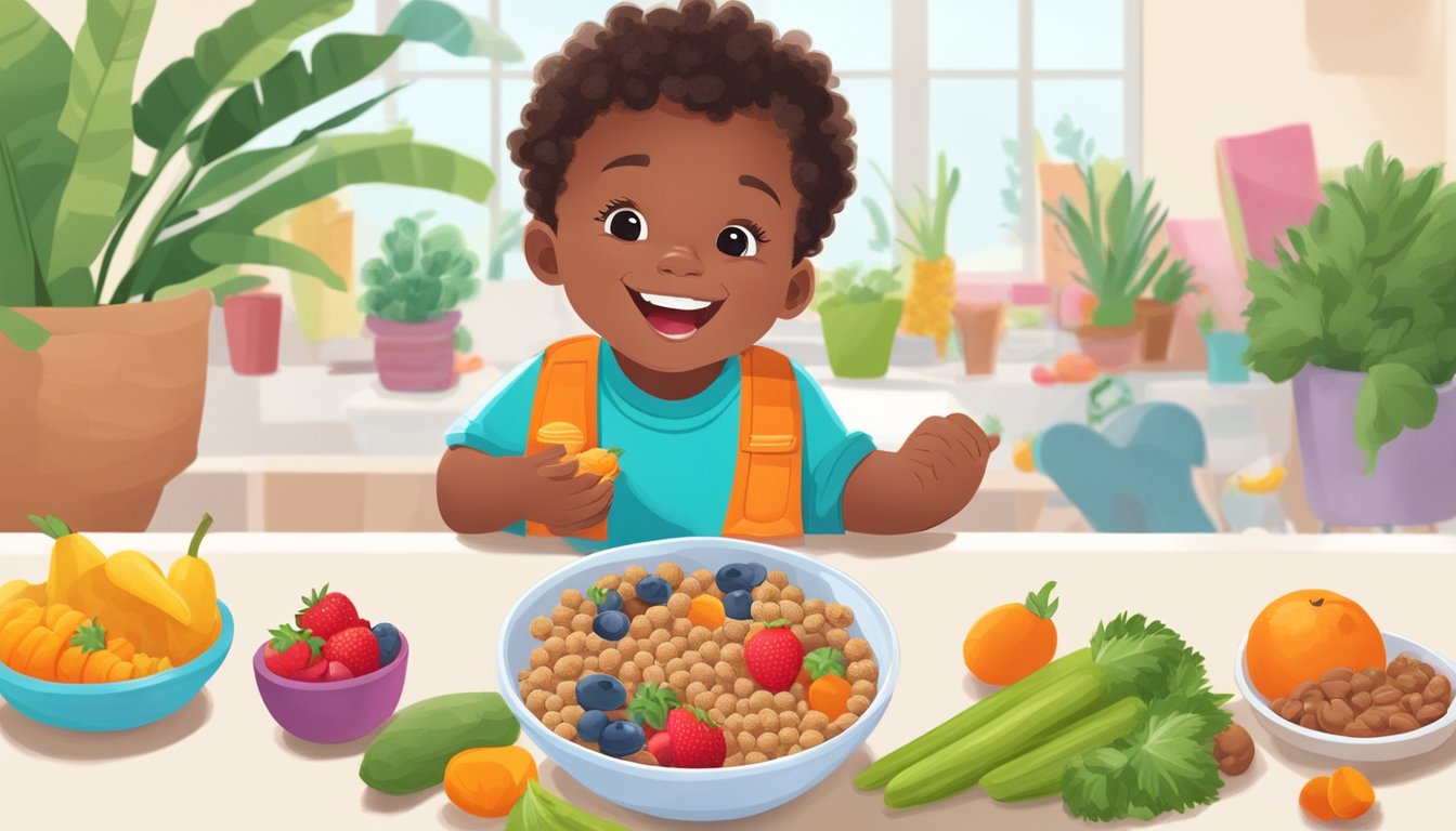 A joyful toddler enjoying a bowl of plant-based chocolate cereal, surrounded by colorful fruits and vegetables