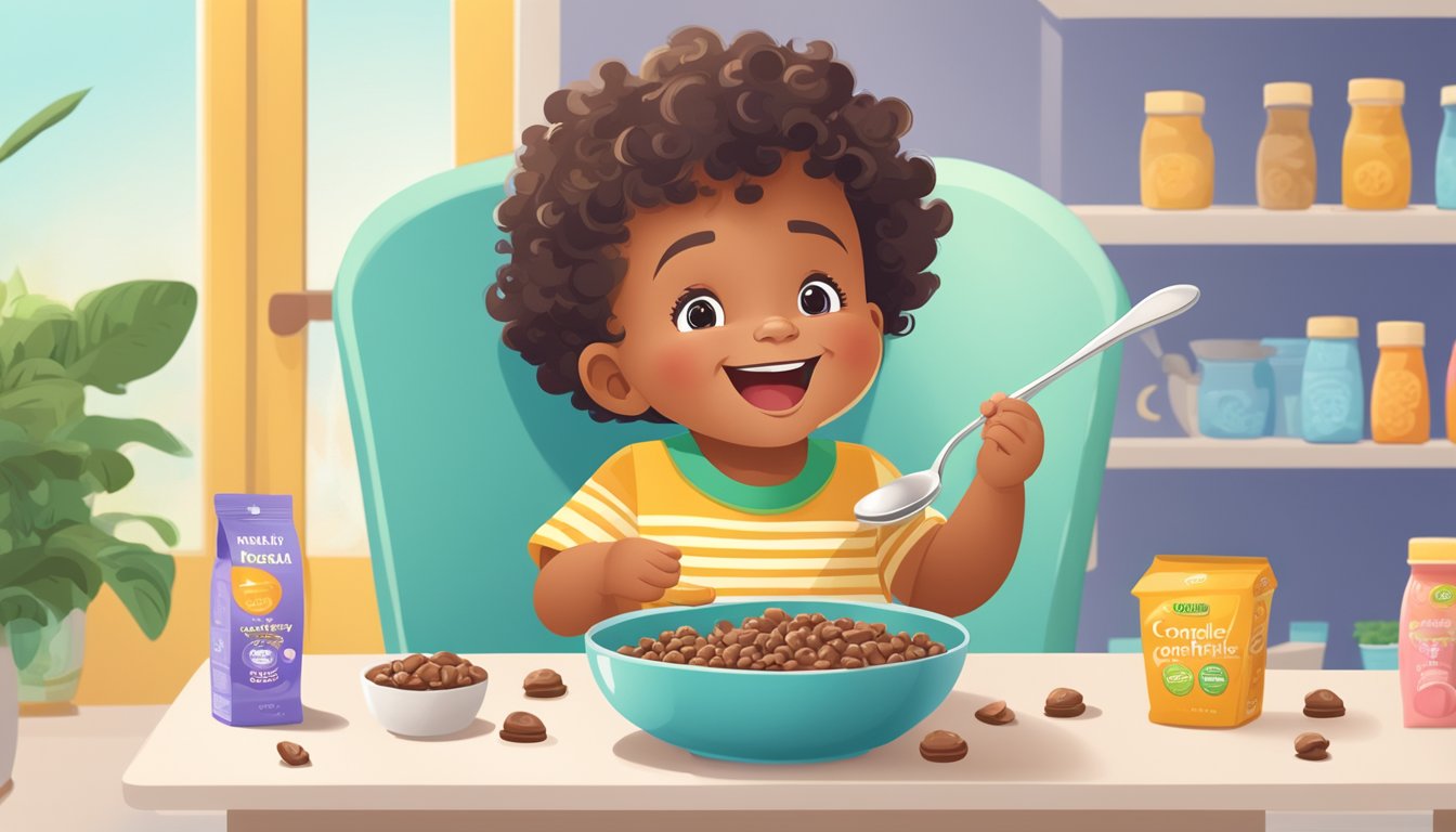 A happy toddler sitting at a high chair, eagerly eating a bowl of plant-based complete nutrition chocolate cereal, surrounded by colorful packaging and a spoon