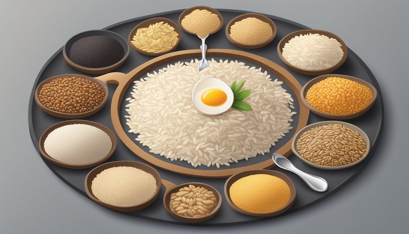 A variety of grains (rice, oats, quinoa) arranged in a circle, with a spoon in the center