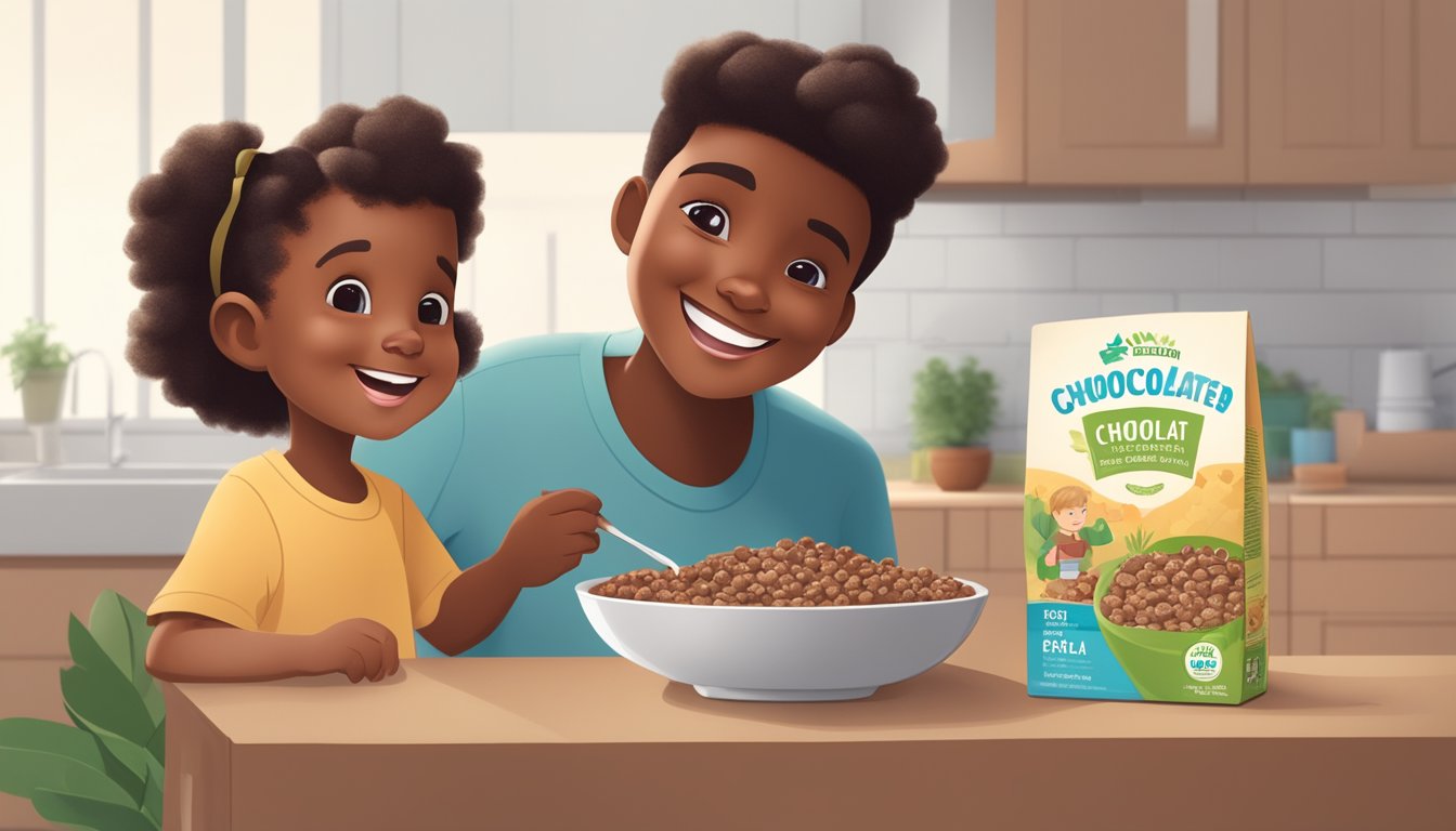 A smiling toddler holds a bowl of plant-based chocolate cereal while a parent looks on with approval. The cereal box displays nutritional information