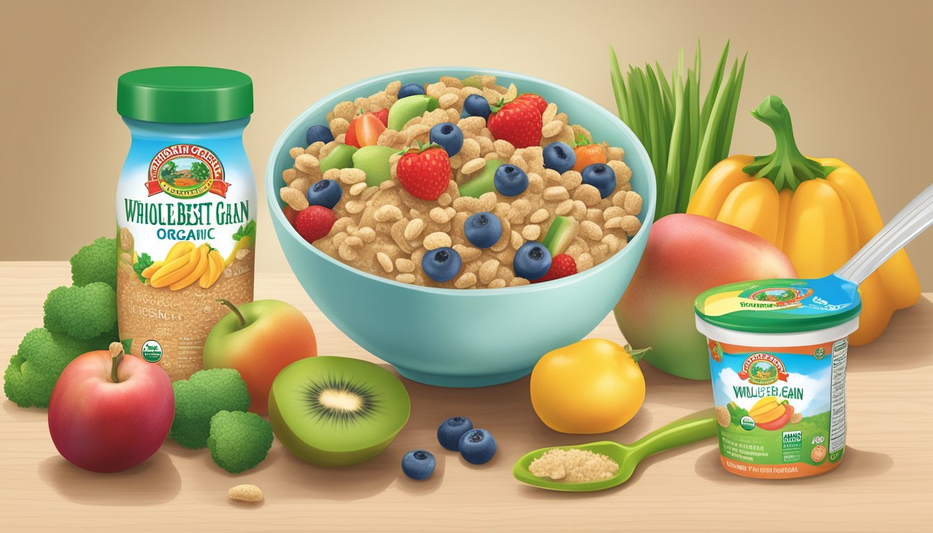 A bowl of Earth's Best Organic Whole Grain Infant Cereal surrounded by fresh fruits and vegetables, with a measuring spoon and nutrition facts label nearby