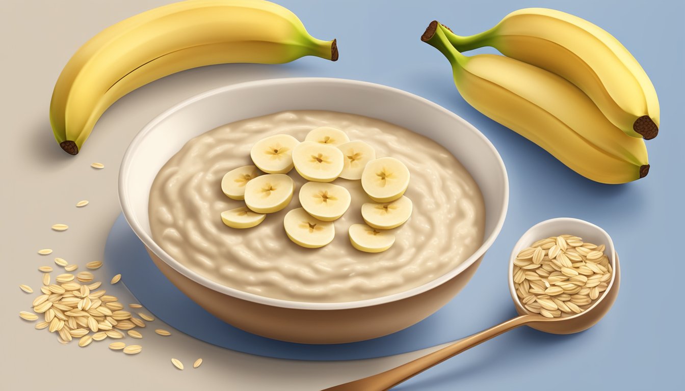 A bowl of Earth's Best Organic Whole Grain Oatmeal Banana Infant Cereal with a spoon on the side, surrounded by fresh bananas and oats