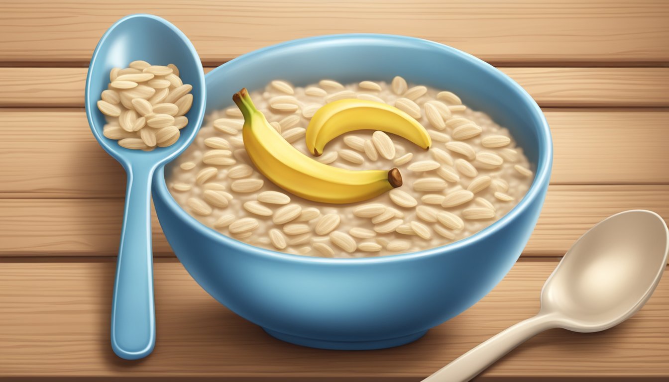 A bowl of Earth's Best organic whole grain oatmeal banana infant cereal with a spoon beside it on a wooden table