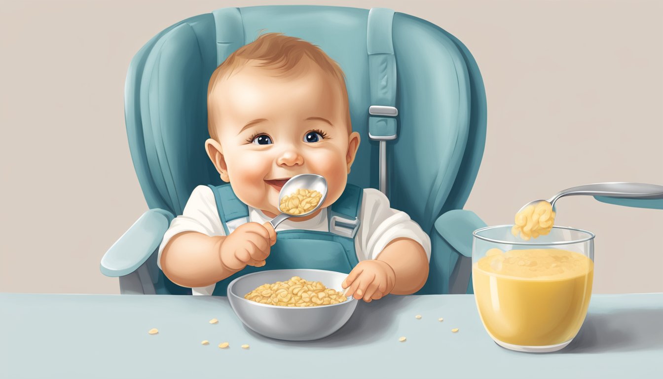 A smiling baby sits in a high chair, eagerly reaching for a bowl of Earth's Best Organic Whole Grain Oatmeal Banana Infant Cereal. A parent's hand holds a spoon, ready to feed the baby