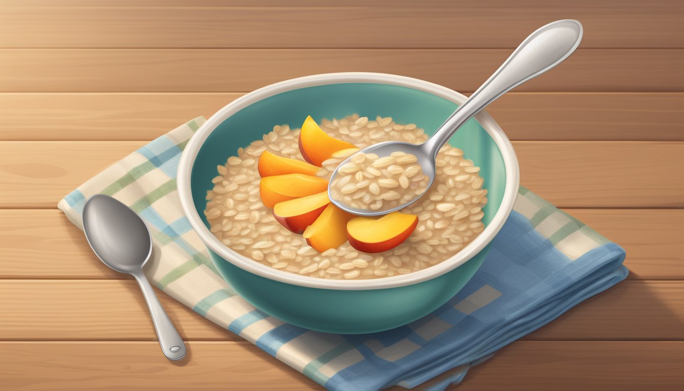 A bowl of Earth's Best organic whole grain oatmeal peach infant cereal with a spoon on a wooden table