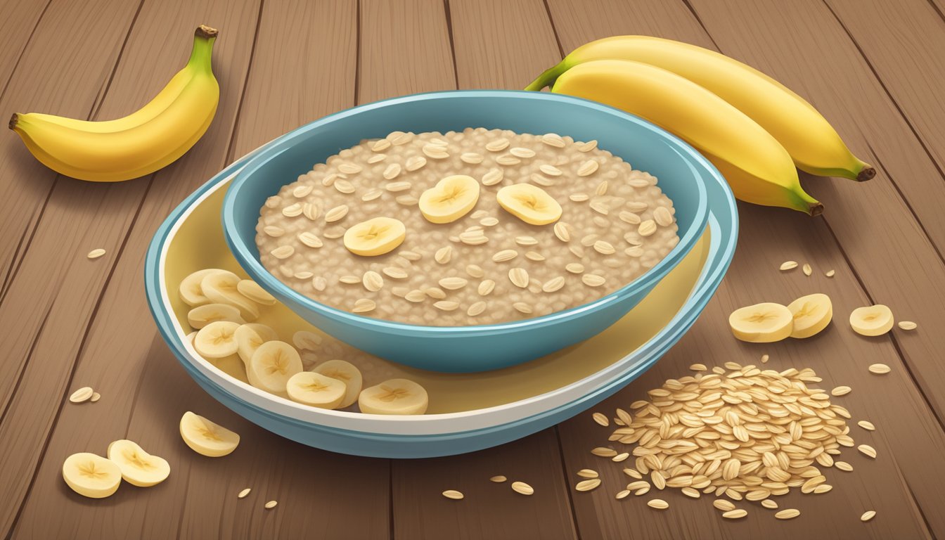 A bowl of Earth's Best organic whole grain oatmeal banana infant cereal surrounded by ripe bananas and oats on a wooden table