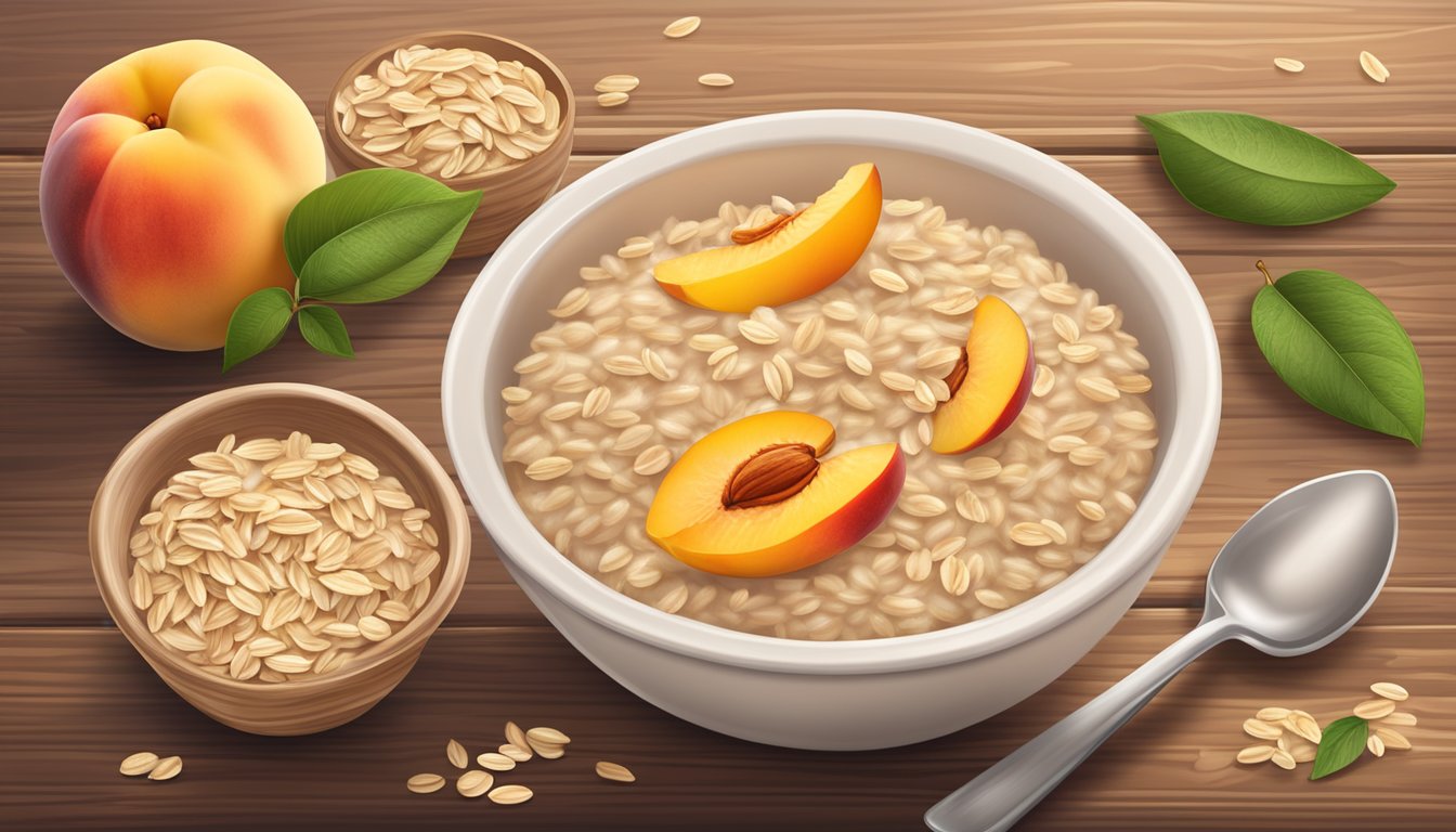 A bowl of Earth's Best organic whole grain oatmeal peach infant cereal surrounded by fresh peaches and oat grains on a rustic wooden table