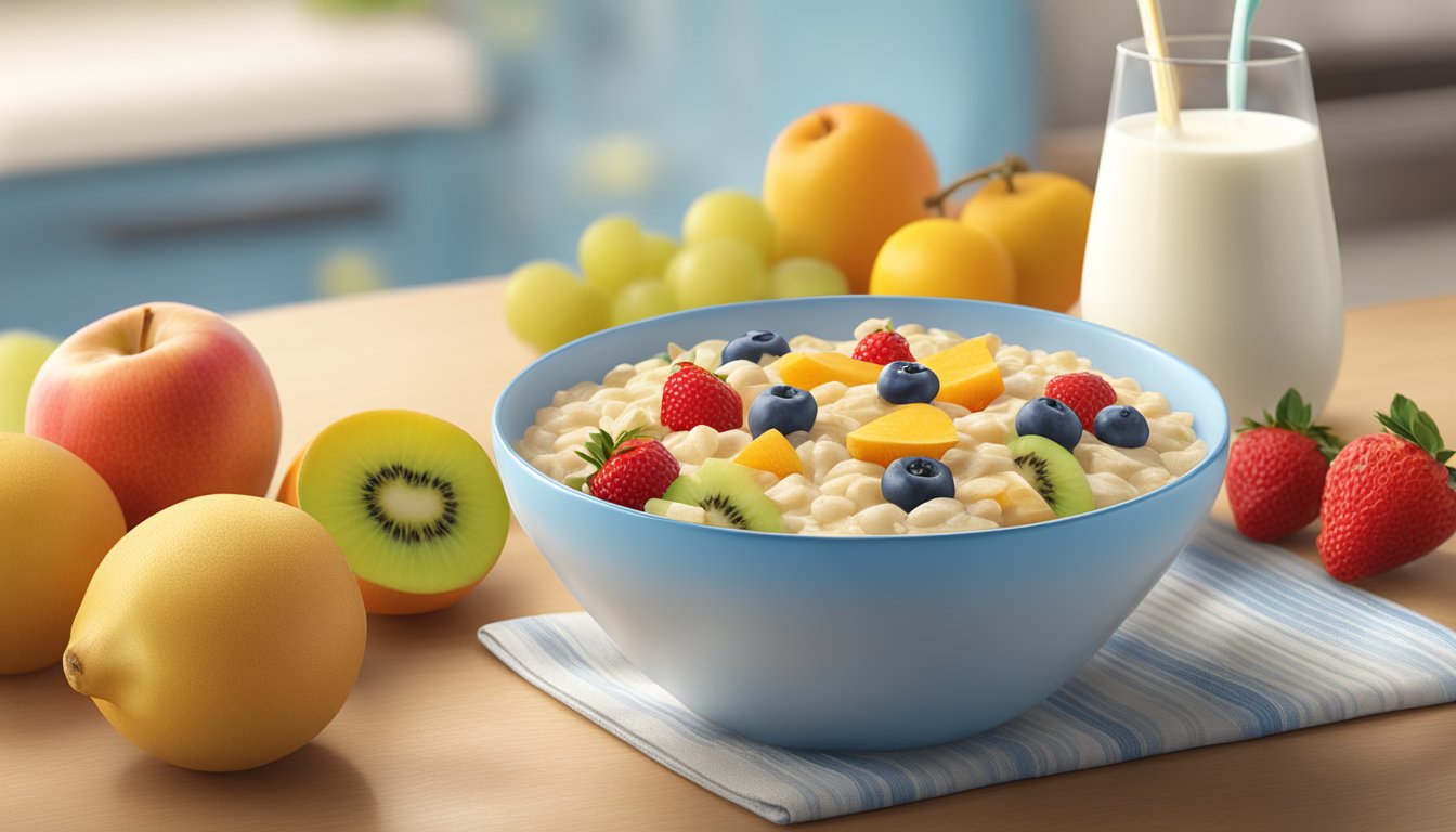 A bowl of Gerber DHA probiotic oatmeal cereal surrounded by colorful fruits and a glass of milk on a kitchen table