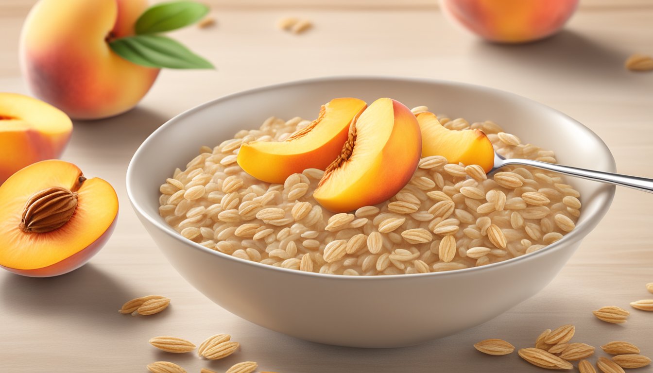 A bowl of Earth's Best Organic Whole Grain Oatmeal Peach Infant Cereal surrounded by fresh peaches and oats