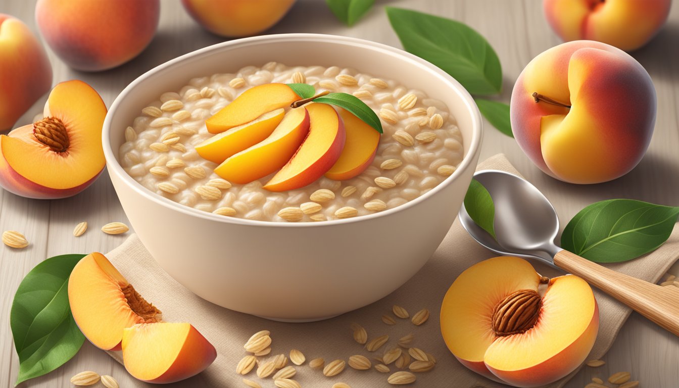 A bowl of Earth's Best organic whole grain oatmeal peach infant cereal surrounded by fresh peaches and oats