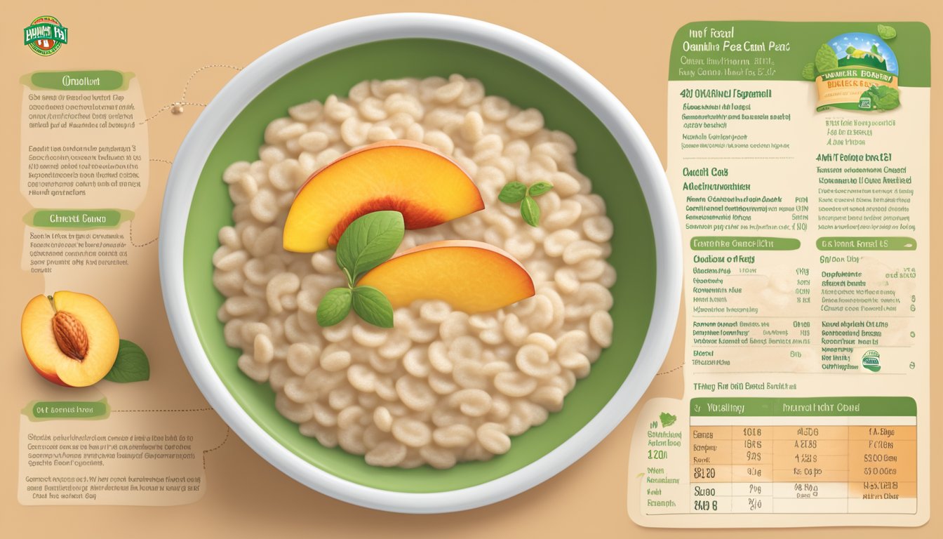 A bowl of Earth's Best organic whole grain oatmeal peach infant cereal with allergy information displayed