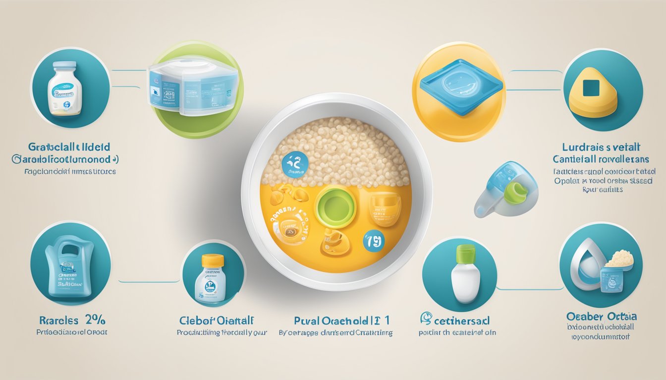 A bowl of Gerber DHA probiotic oatmeal cereal surrounded by safety and quality standard symbols and icons